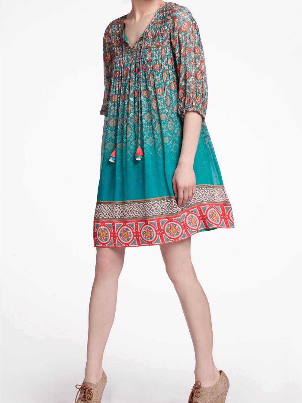 Boho Teal Print Tassel Peasant Dress